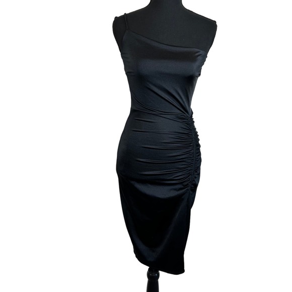 Windsor Dresses & Skirts - Women's Windsor Satin Ruche Midi One Shoulder Black Dress